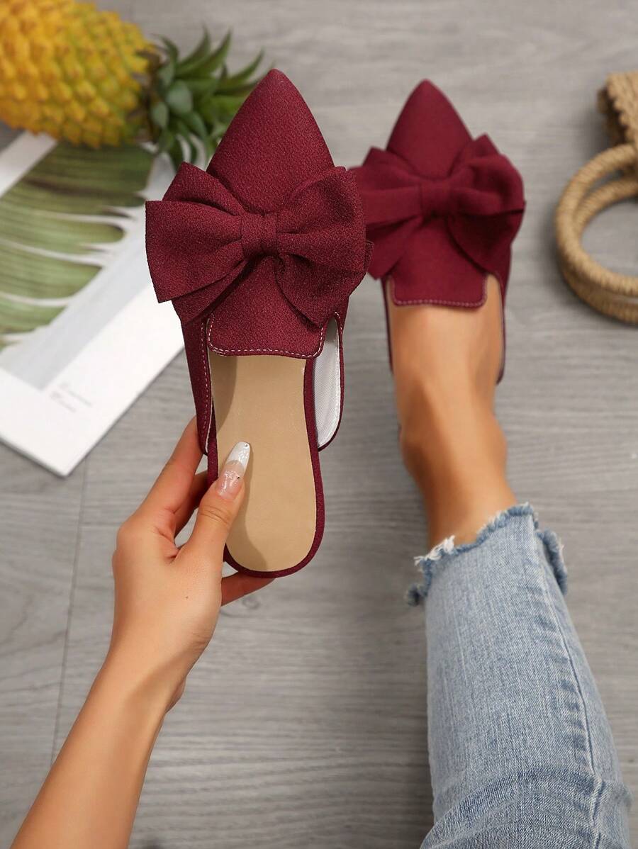 女士尖头蝴蝶结装饰半露背穆勒鞋一脚蹬乐福鞋，酒红色，优雅百搭平底鞋，适合春秋季节