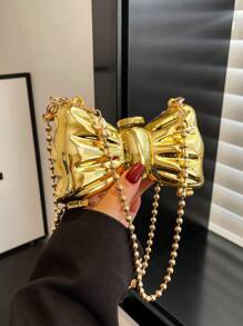 1 Túi xách mini hình con bướm thời trang, dành cho nữ, Túi đeo chéo bằng acrylic, có dây đeo vai xích có thể tháo rời, Khóa cài, Không tráng men, Màu trơn, Chi tiết nơ, Túi đựng đồ ăn tối - Vàng - Xem 2