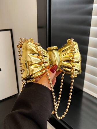 1 时尚蝴蝶迷你手提包，女式，亚克力斜挎包，配有可拆卸链条肩带，带扣开合，无釉，纯色，蝴蝶结细节，晚宴包