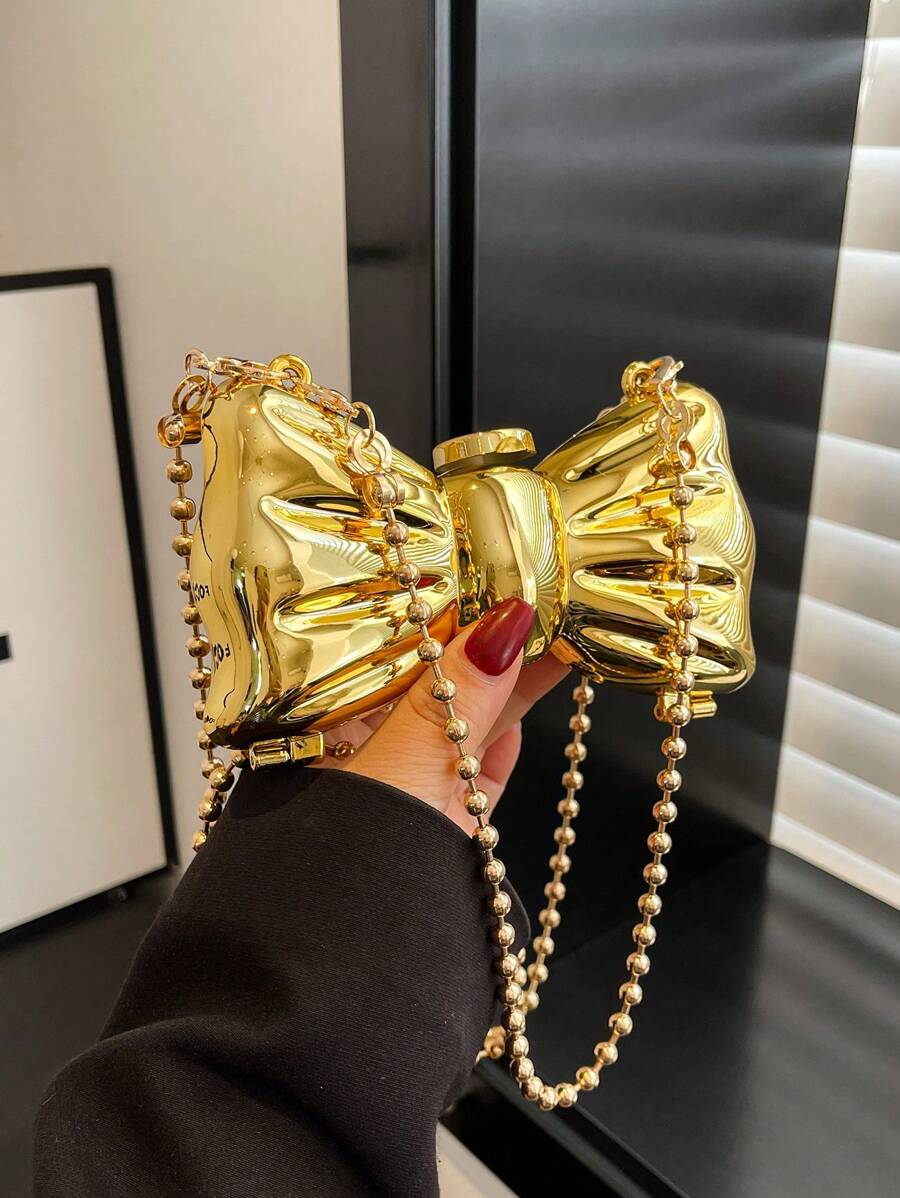 1 Túi xách mini hình con bướm thời trang, dành cho nữ, Túi đeo chéo bằng acrylic, có dây đeo vai xích có thể tháo rời, Khóa cài, Không tráng men, Màu trơn, Chi tiết nơ, Túi đựng đồ ăn tối