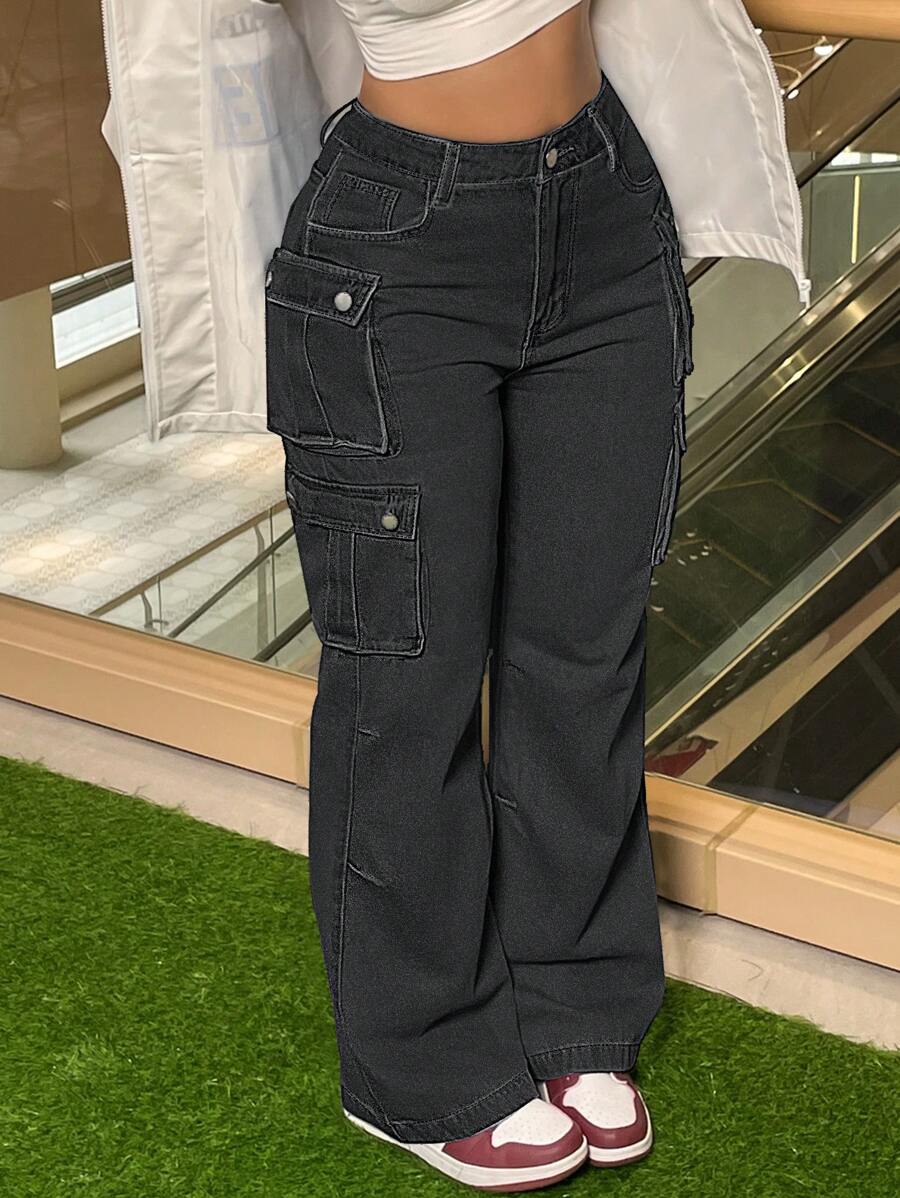 Women's Plus Size Cargo Jeans - Straight Leg Workwear Denim Pants With Utility Pockets, Streetwear Oversized Tactical Pants For Curvy Women, Comfort Stretch Wide Leg - 黑色 - 查看 1