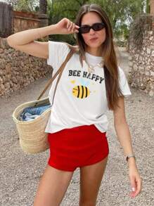 Bee Happy Print Ladies Casual Milk Silk Short Sleeve Top Summer Graphic Tees