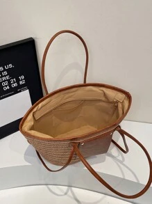 时尚大容量编织托特包，新款沙滩度假单肩腋下草编大包，吸睛沙滩包夏季，夏季女士草编沙滩包 - 卡其色 - 查看 4