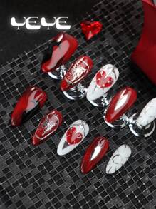 Transform Your Nails With 10pcs Almond Shape Japanese Style Red White Valentine's Day Heart Creative Full Coverage Fake Nail Set European Style Butterfly Sweet Love Funny Full Cover Acrylic False Nail Kit For Women And Girls Nordic With 1pc Mini Nail File & 1 Sheet Adhesive Tabs