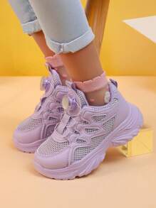 New Spring/Summer Kids Sports Shoes, Thick Sole Rotating Button Children Casual Sneakers, Anti-Slip Breathable Mesh Trainers For Boys & Girls, Student School Leisure Shoes White Sneakers