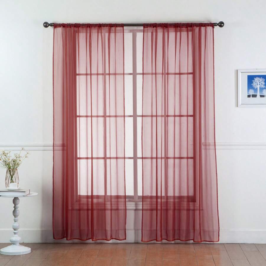 Set Of Two (2) Sheer Window Curtains Panels With Rod Pocket Drape Set Multiple Lengths (63", 84", 95", 108", 120" L) Solid Colors - Burgundy - View 1