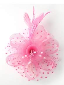 头饰帽子花朵网眼丝带羽毛头带和夹子茶会头饰适合女孩和女士 - 粉色 - 查看 4