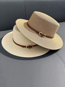 Sunscreen Hat, Summer Straw Hat Big Brim Woven Wide Brim Sun Hat British Flat Top Beach Cap, Fashion Personalized Versatile Solid Color Bohemian Polyester (Polyester) Wind And UV Protection Hat, Spring & Summer - Hat - View 4