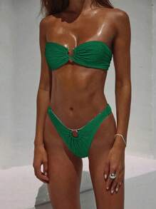 Biquíni Bandeau Sexy Cor Sólida para Mulheres - Verde - Ver 1