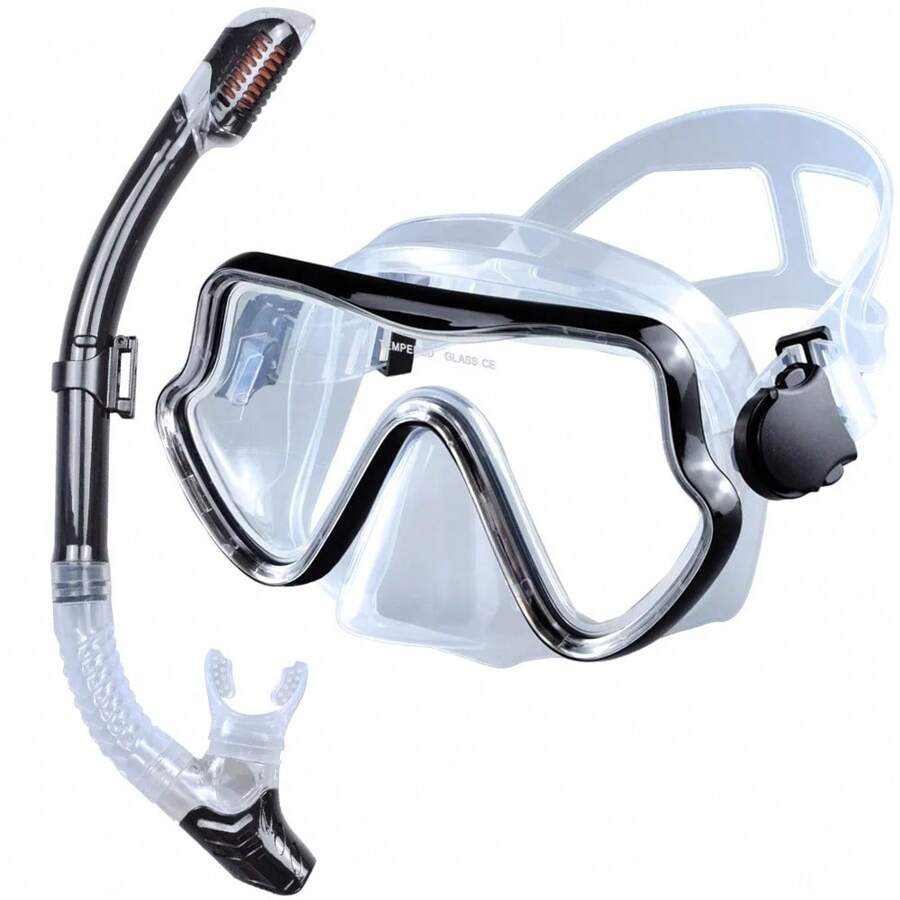 Scuba Diving Mask Snorkel Set For Adults Tempered Glass Professional Panoramic Snorkeling Gear Swimming Training Snorkel Kit - Clear - View 1