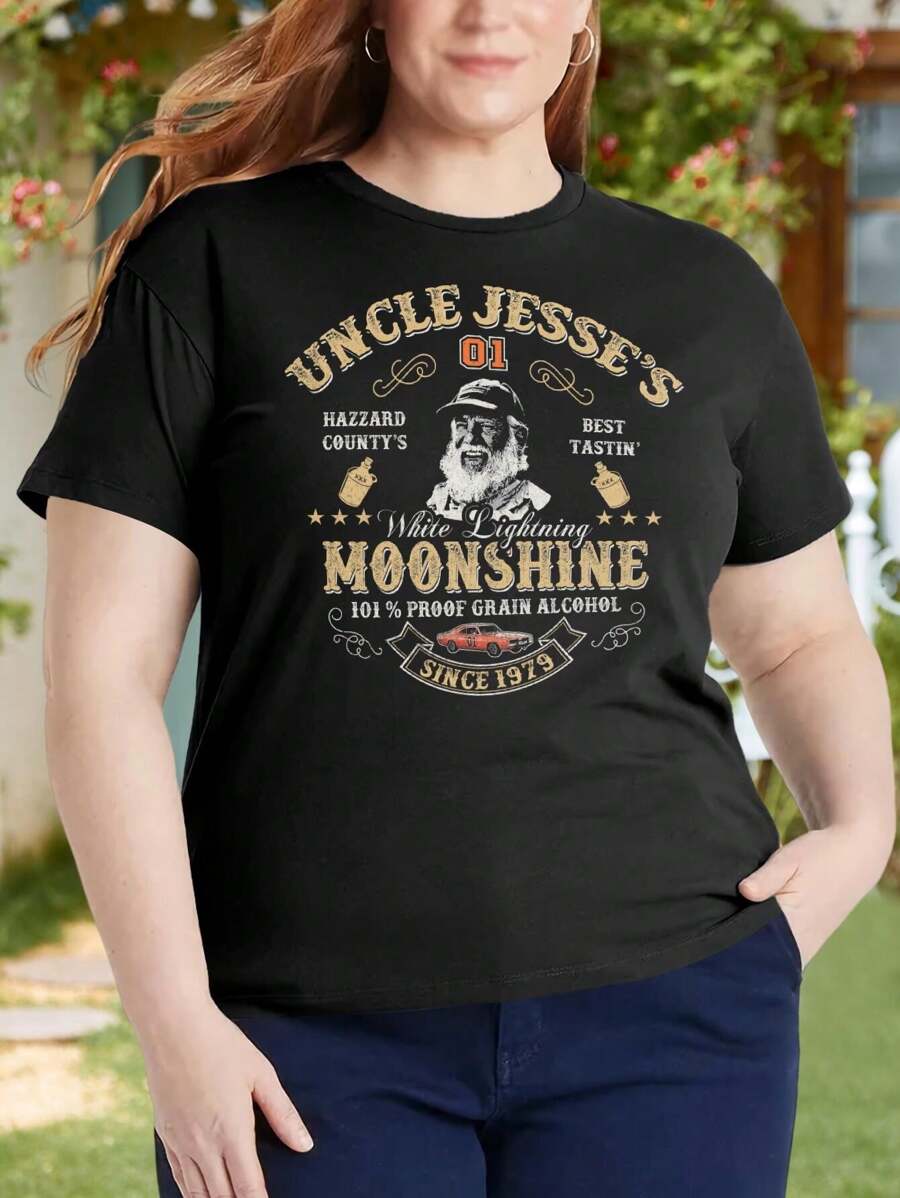 Moonshine Dukes Of Hazzard Uncle Jesse Oversize Women T-Shirt Oversize Women's Big Size Women's Tee Featuring Dodge Charger Alcohol Booze Vintage TV0110 - Black - View 1
