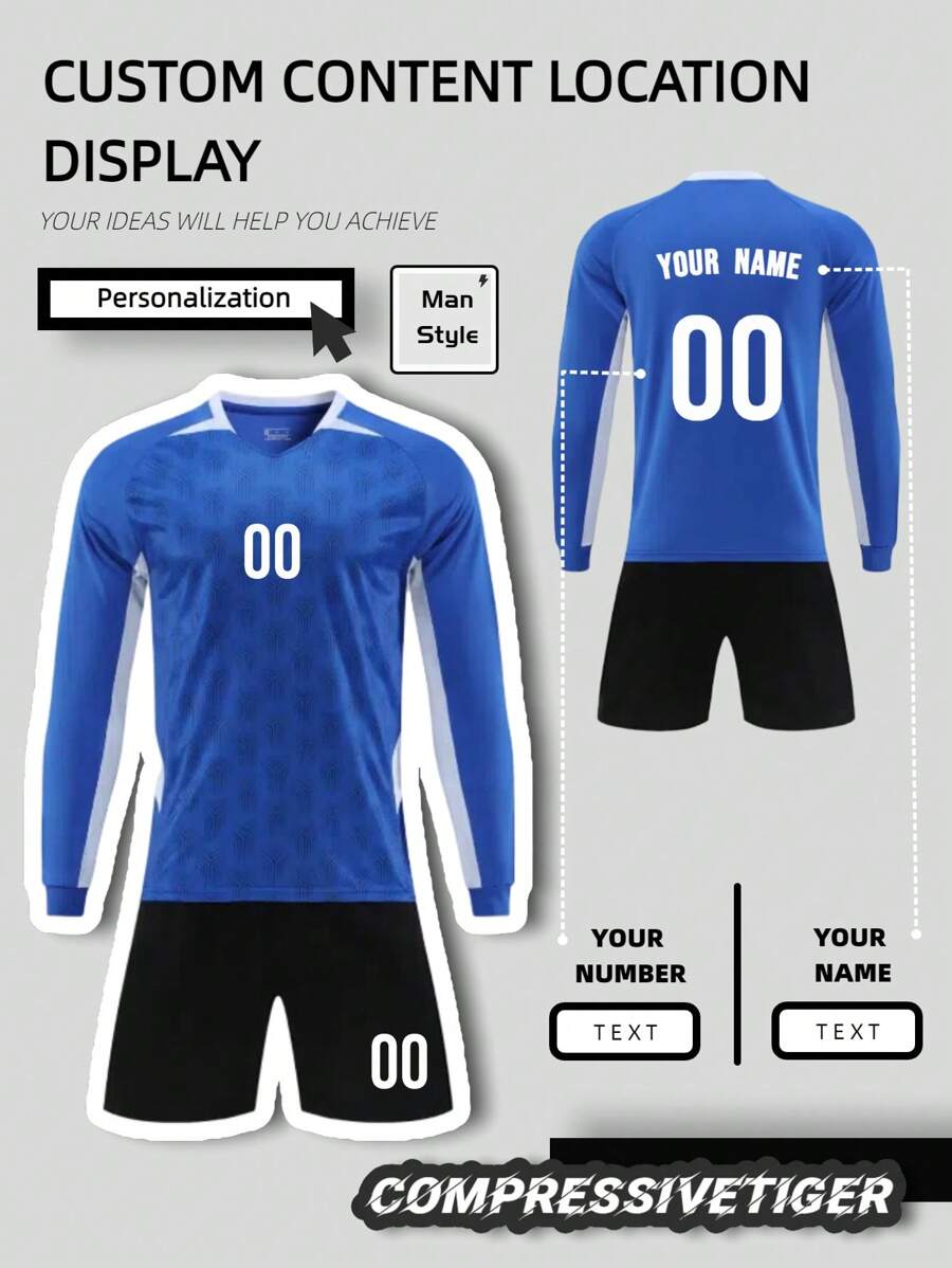 2pcs Personalized Soccer Jersey - Customizable Name And Number Print Short Sleeve T-Shirt + Shorts Co-Ord Dragon Pattern Quick-Drying Sweat-Absorbing Sports Set As Gift - Blue - View 1