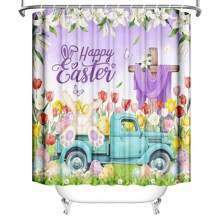 Easter Bunny Shower Curtain Spring Tulip Flower Truck Shower Curtain For Bathroom Easter Rabbits Cross Shower Curtain Happy Easter Bathtub Decor Home Bathroom Decor Bathroom Accessories Back To School