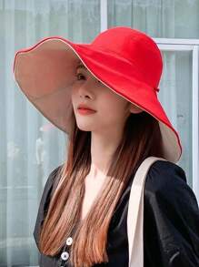 Sonnenhut für Damen mit breiter Krempe, wendbarer schwarzer Hut im koreanischen Stil, lässiger, eleganter Sonnenschutz-Fischerhut aus Polyester für die Mode, Frühling/Sommer