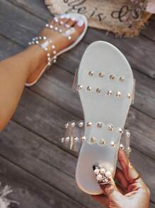Women Flat Sandals, Fashionable Studded Decoration Open Toe Slide Sandals, Casual Personalized Holiday Beach Sandals - Silver - View 7