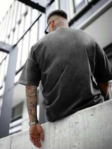 Shwiy Men's Washed Black Short Sleeve T-Shirt, Minimalist Dystopian Style Suitable For Daily, School, Casual Wear, Emo, 2000s Style - Black - View 2