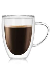 Taza de café de vidrio aislada de doble capa con asa, taza aislada de doble pared con tapa, disponible en tamaños de 250ml/350ml/450ml, adecuada para café, capuchino, latte, bebidas calientes y frías, ideal para el Día de la Madre, Pascua, Navidad, reuniones familiares, fiestas de cumpleaños