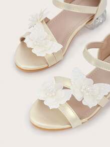 1 par de sandalias doradas con diseño de hebilla en forma de lazo, tacón ancho cómodo y punta abierta, para niños/niños pequeños, de estilo elegante y versátil, para primavera/verano/otoño
