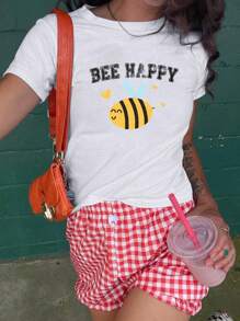 Bee Happy Print Ladies Casual Milk Silk Short Sleeve Top Summer Graphic Tees