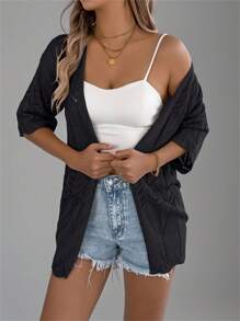 Women Beach Lace Crochet Short Sleeve Knit Cardigan Cover Up Solid Summer Vacation Boho Lightweight - Black - View 3