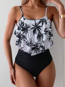 Women's Fashion Coconut Tree Print Sexy Tankini Swimwear Set - Black - View 1
