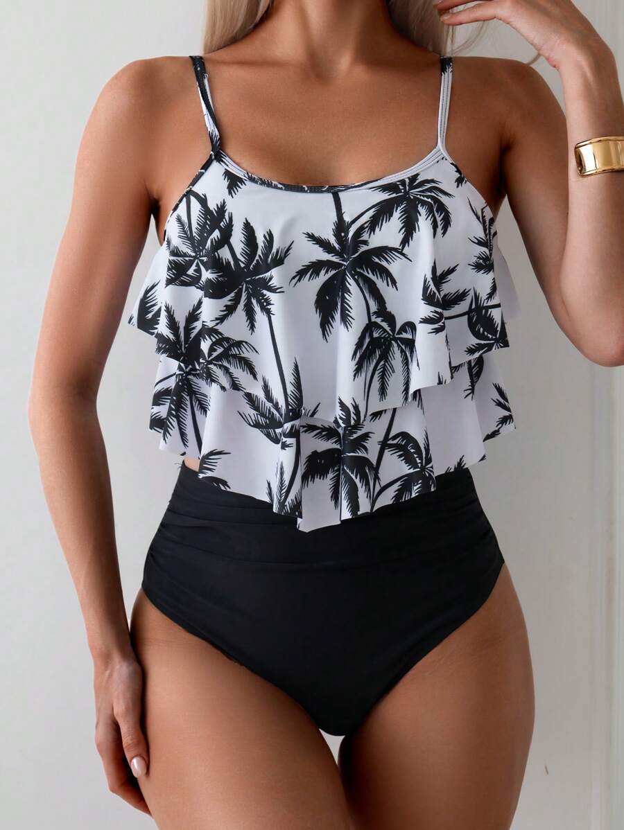 Women's Fashion Coconut Tree Print Sexy Tankini Swimwear Set - Black - View 1