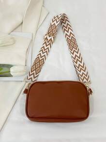 迷你简约纯素斜挎包，时尚PU单肩包，女士休闲手提包兼钱包，宽肩带女士钱包 - 棕色 - 查看 8