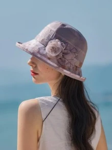 1pc Camellia Flower Casual Elegant Embellished Bucket Hat, Breathable Sun Protection For Spring, Summer & Autumn - Multicolor - View 2
