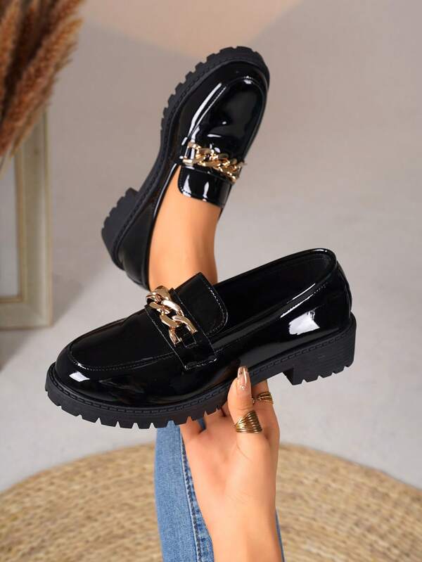 Mocasines con plataforma y suela gruesa para mujer, puntera puntiaguda con cordones, Oxford de tacón bajo grueso, planos casuales estilo punk rock, retro y vintage con cadena metálica