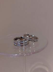 FRIFUL 1/2 piezas Anillos de acero inoxidable con 1/2 filas de circonita cúbica en color dorado, diseño minimalista para mujeres, adecuados para uso diario - Plateado - Ver 6