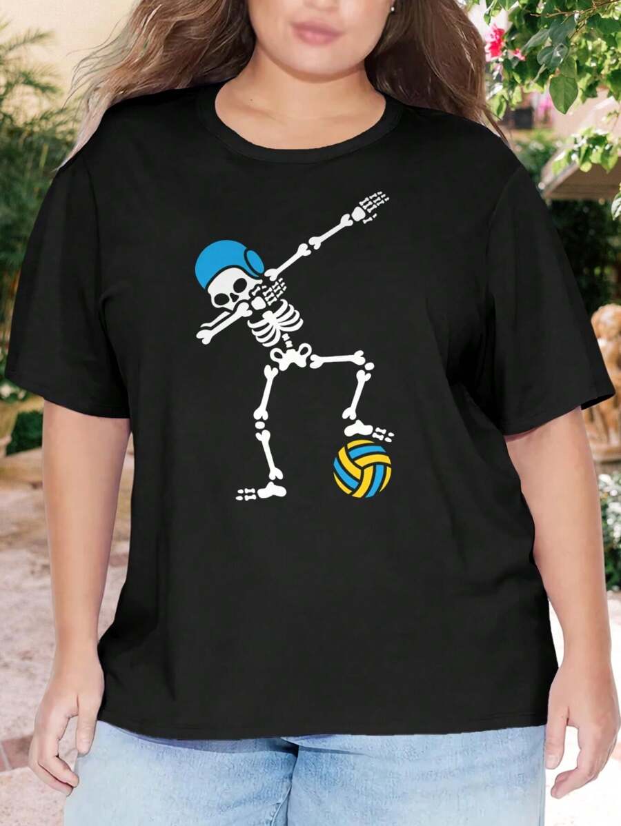 Dabbing Skeleton Water Polo Halloween Oversize Women T-Shirt Dance Meme For Women Swimmers (Large Sizes) - 黑色 - 查看 1