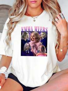 100% Cotton Emma Myers Vintage Bootleg T Shirt Comfortable Soft Homme Summer Unisex Stretched Versatile Graphic Breathable Print Round Neck Short Sleeve Designer Clothes Stylish Casual Fashion For Women Slightly Top For Everyday Wear Streetwear - 白色 - 查看 1