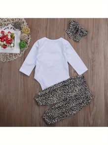 Newborn Baby Girl Clothes Sweet Heart Short Sleeve Jumpsuit And Leopard Long Pants With Headband 3Pcs Infant Outfits - 白色 - 查看 3