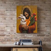 Jesus And Rabbit, Bringing Carrots, Tulips, And Eggs, Easter Canvas Wall Art - Wooden Frame Canvas Painting 2.25cm Piece (3) Thickness 0.9inch / 3, Home Gift Decoration, Room Decoration Aesthetics, Wall Decoration Art, Perfect Gift, Autumn Winter Wall Decoration, Living Room Decoration, Bedroom Decoration, Kitchen Decoration, Entrance Decoration, Bathroom Decoration, Direct Wall Painting, High-Quality Wall Painting Poster