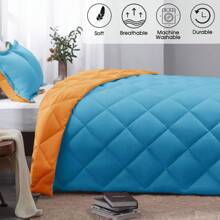 Queen Comforter Set, Red And Black Comforter Set Queen Size, Reversible Bed Comforter Queen Bed Set For All Seasons, 1 Comforter (88"X92") And 2 Pillow Shams (20"X26"+2") - 17 - Peacock Blue/Orange - View 2