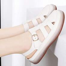 夏季新款女士厚底包头凉鞋，舒适防滑轻便休闲百搭软底透气绑带凉鞋 - 米色 - 查看 9