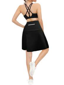 New Spring/Summer Sports Pleated Tennis Skirt Shorts, 2-In-1 Tennis Skirt With Built-In Phone Pocket, High Waist 2 In 1 Skirt Shorts, Anti-Flashing Outdoor Tennis, Badminton, Golf, Yoga Activewear, Quick-Dry Breathable Running, Dancing Fitness Clothes - Black - View 3