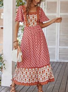 Robe évasée à manches courtes, col carré, imprimé floral élégant, été 2025 resort, pour femmes PoPoHouse