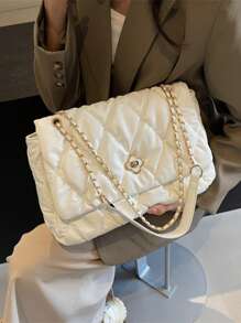 Women's Shoulder Bag Diamond Embroidery Line Flip Soft Bag Pillow Bag Large Capacity Portable Fashion Bag - White - View 4