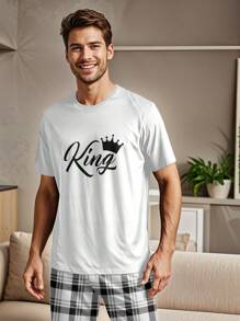 1 Set Men's Pajama Set Including 1 Plaid Long Pants And 1 White Short Sleeve T-Shirt With "King" Print