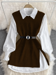 Liuhan Modasfeminina 2 peças/Conjunto Colete Com Manga De Lanterna Branca de Primavera e Colete De Malha De Ajuste Solto Com Frente Aberta Conjuntos De Roupas Em Camadas Para Mulheres 2025 Com Cinto