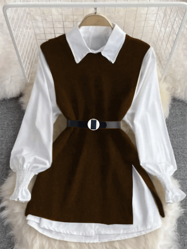 Liuhan Modasfeminina 2 peças/Conjunto Colete Com Manga De Lanterna Branca de Primavera e Colete De Malha De Ajuste Solto Com Frente Aberta Conjuntos De Roupas Em Camadas Para Mulheres 2025 Com Cinto