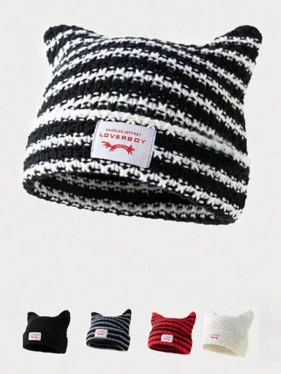 1pc Women Cute Devilish Knitted Hat, Warm Winter Outdoor Activities Beanie Cap