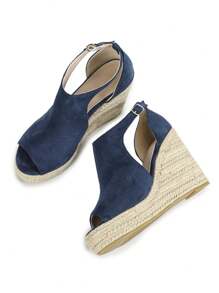 Canvas Strappy Espadrille Platform Sandals Women, Fashionable Casual Rope Wedge Slip-On - Blue - View 3