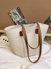1 件大容量草编手提包，女士编织包，适合春季户外旅行，夏季时尚百搭单肩包，沙滩度假包，条纹编织手提包 - 米色 - 查看 9