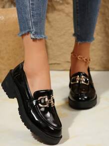 Bright Leather Loafers For Women 2024 New Soft Leather Versatile Metal Buckle College Small Leather Shoes Flat Shoes For Women - Black - View 4