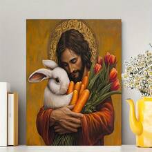 Jesus And Rabbit, Bringing Carrots, Tulips, And Eggs, Easter Canvas Wall Art - Wooden Frame Canvas Painting 2.25cm Piece (3) Thickness 0.9inch / 3, Home Gift Decoration, Room Decoration Aesthetics, Wall Decoration Art, Perfect Gift, Autumn Winter Wall Decoration, Living Room Decoration, Bedroom Decoration, Kitchen Decoration, Entrance Decoration, Bathroom Decoration, Direct Wall Painting, High-Quality Wall Painting Poster