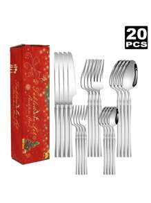 20/30 Pcs Set Stainless Steel Flatware Set, Slender Waist Design Knife Fork Spoon Dessert Spoon, Gift Box Packaging, Suitable For Home Kitchen, Hotel, Wedding And Holiday Gifts,School Supplies - Silver - View 9