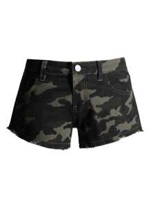 夏季休闲迷彩印花低腰牛仔短裤 - 軍綠色 - 查看 7