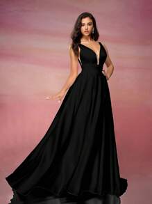Satin V-Neck A-Line Hem Wedding Dress,Bride - Black - View 5